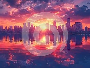 Vivid sunset reflecting on a cityscape