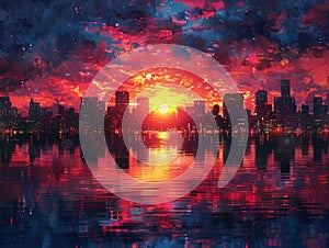 Vivid sunset reflecting on a cityscape