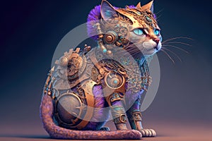 A vivid and surreal digital representation of an intricately designed mechanical cat with hard edges and vibrant eyes, evoking a