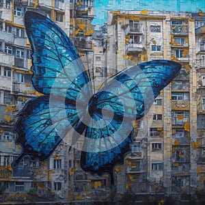 vivid turquoise butterfly design painted on an exterior wall of a building in a rural town