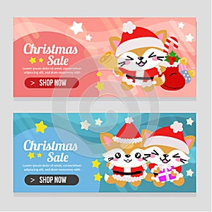 Vivid two banner christmas template with cute cat characters