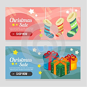 Vivid two banner christmas template with decorated socks