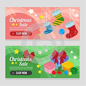 Vivid two banner christmas template with gift box and socks