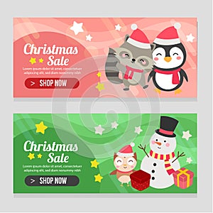 Vivid two banner christmas template with snowman penguin and fox