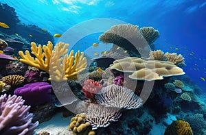 vivid underwater photography, coral reef, colorful fish, ocean floor, sea diving