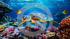 Vivid Underwater Scene: Turtle Swimming Among Colorful Corals And Fish