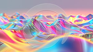 Vivid undulating waveforms create a hypnotic holographic landscape, awash with a spectrum of iridescent colors