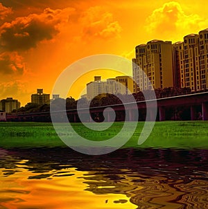 Vivid urban sunset scene