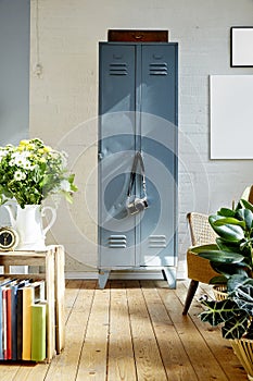 Vivid vintage apartment metal locker plants and sun light