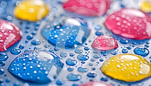 Vivid water droplets on a colorful wet surface, exquisite macro photography background capture