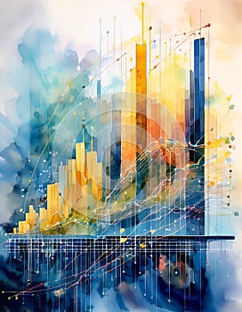 Vivid watercolor of 3D graph with rising bars and data points on a digital interface. Generative AI