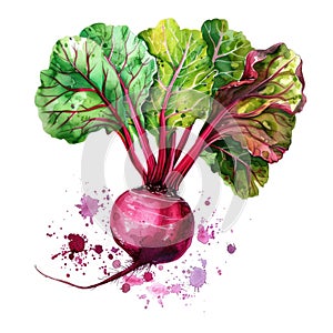 A vivid watercolor illustration of a beetroot, its rich crimson splattered artfully on the canvas