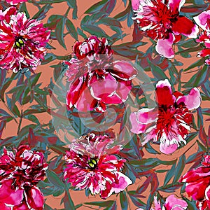 Vivid watercolor peonies on color background