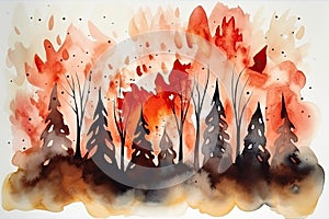 Vivid watercolor portrayal of a catastrophic forest fire, with trees engulfed in orange flames. Generative AI