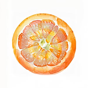 Vivid watercolor of a sliced orange, highlighting its freshness and juiciness with dynamic splashes