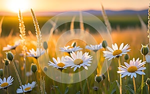 Vivid Wildflower Cluster Sprawling Across an Untamed Meadow - Basking Under the Warm Glow