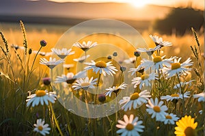 Vivid Wildflower Cluster Sprawling Across an Untamed Meadow - Basking Under the Warm Glow