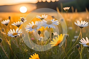 Vivid Wildflower Cluster Sprawling Across an Untamed Meadow - Basking Under the Warm Glow