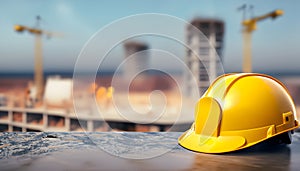 Vivid Yellow Construction Helmet with Copyspace on Blurred Construction Site Background