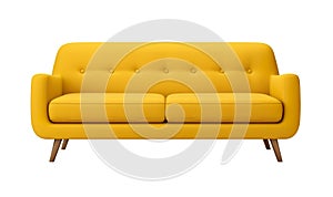 Vivid yellow sofa with a minimalist design, featuring button-tufted backrest and angled wooden legs, front view isolated