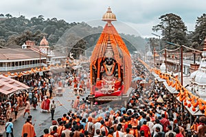 Majestic Rath Yatra Procession Captured Amidst Devotees and Architecture photo