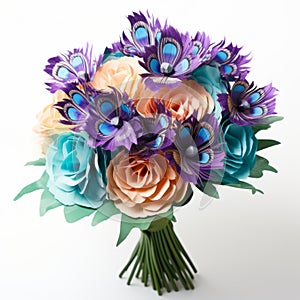 Vividly Bold Paper Peacock Bouquet With Blue And Magenta Roses