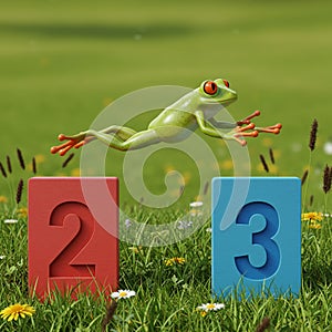 A vividly colored, digitally created frog leaps across two wooden blocks. The blocks photo