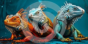 Vividly Colored Iguanas in Red, Blue, and Orange Hues Lined Up, Symbolizing Diversity, Uniqueness, and Wildlife Beauty Against a