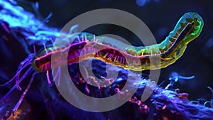 A vividly colored image of a nematode clinging onto a root of a plant its sharp teeth visible as it feeds on the plants