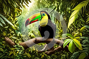 A vividly colored keel-billed toucan in its natural habitat, surrounded by lush foliage