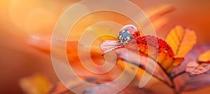 Vividly colored leaf hosting a ladybug, serene nature scene with insect resting on foliage photo