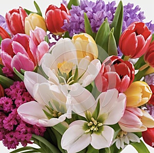 A vividly colorful bouquet of spring flowers