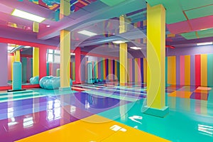 A vividly colorful room with brightly colored floors and ornate columns creates a visually striking scene, A colourful gym