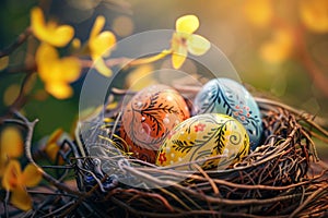 Vividly decorated Easter eggs nestled in a cozy nest, symbolizing renewal