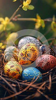 Vividly decorated Easter eggs nestled in a cozy nest, symbolizing renewal