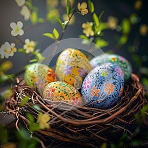 Vividly decorated Easter eggs nestled in a cozy nest, symbolizing renewal