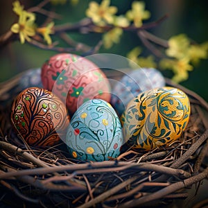 Vividly decorated Easter eggs nestled in a cozy nest, symbolizing renewal