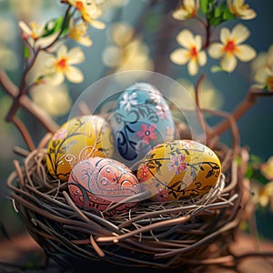 Vividly decorated Easter eggs nestled in a cozy nest, symbolizing renewal