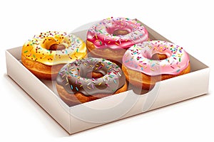 Vividly detailed hyper realistic glossy donuts showcased in an exaggerated manner within a box photo