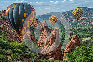 Vividly hued hot air balloons floating gracefully above stunning mountainous landscape