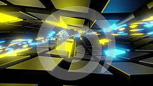 VJ loop animation background. The camera flies inside the waves of a tunnel with blue and yellow metal squares