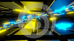 VJ loop animation background. The camera flies inside the waves of a tunnel with blue and yellow metal squares