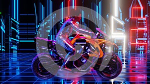 VJ Loop Animation of a girl riding a motorcycle in a neon cyber city. 3D Render