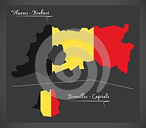 Vlaams - Brabant and Bruxelles map of Belgium with Belgian national flag illustration