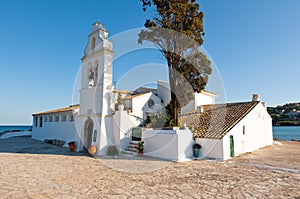 Vlacheraina Orthodox monastery with the bell tower on the island of Corfu, Greece.