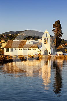 Vlacherna monastery church Corfu Greece Vlachernon Kanoni portrait format island traveling sea