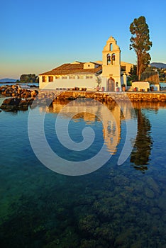 Vlacherna Monastery on the Kanoni peninsula in Corfu at sunrise