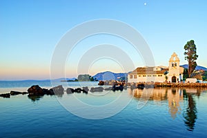 Vlacherna Monastery on the Kanoni peninsula in Corfu at sunrise