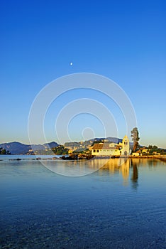 Vlacherna Monastery on the Kanoni peninsula in Corfu at sunrise