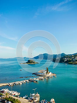 Vlacherna orthodox monastery and Pontikonisi island near Kanoni, Corfu, Greece photo